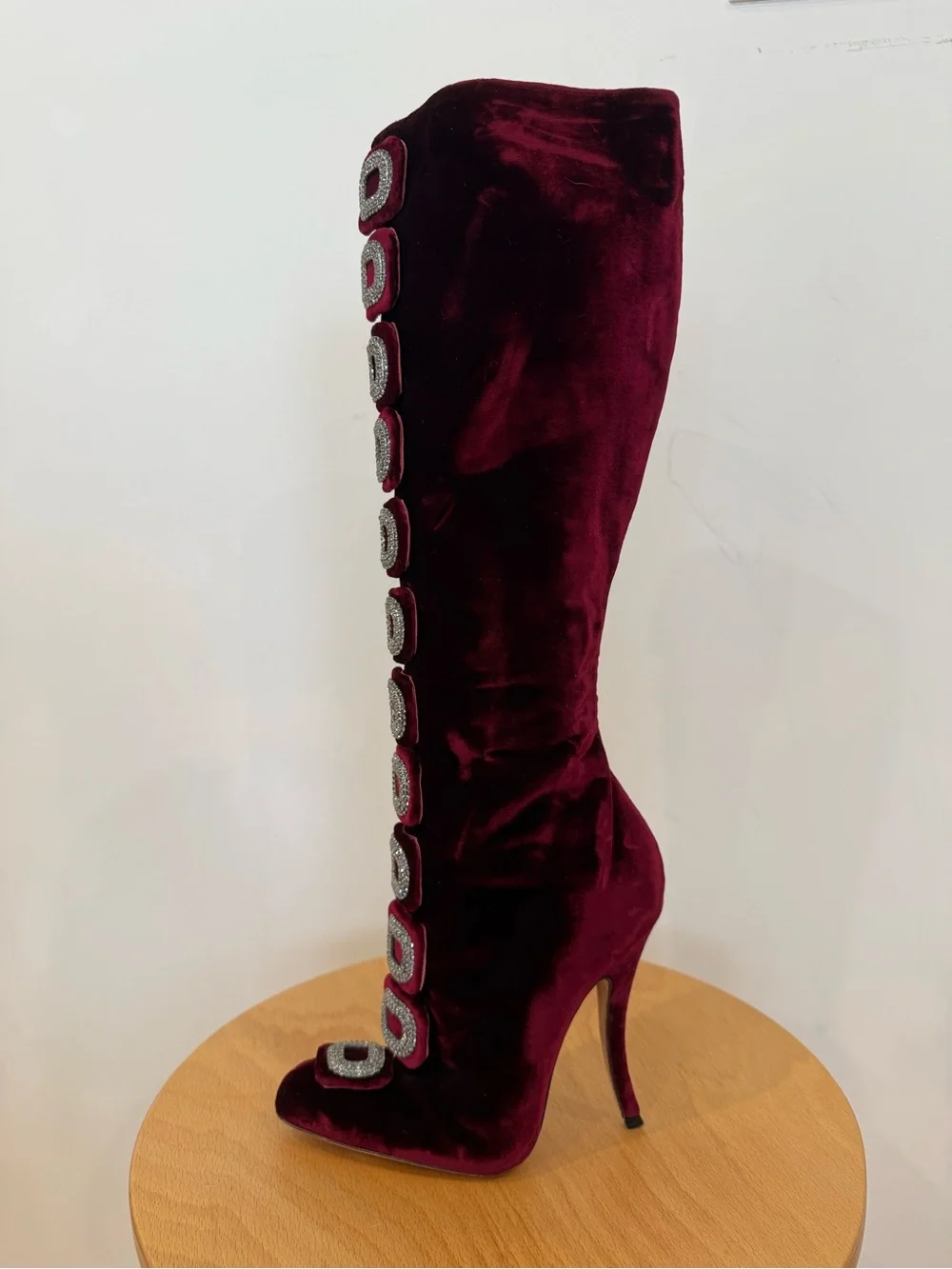 Manolo Blahnik Velvet Over-the-Knee Boot in Deep Burgundy with embellishment